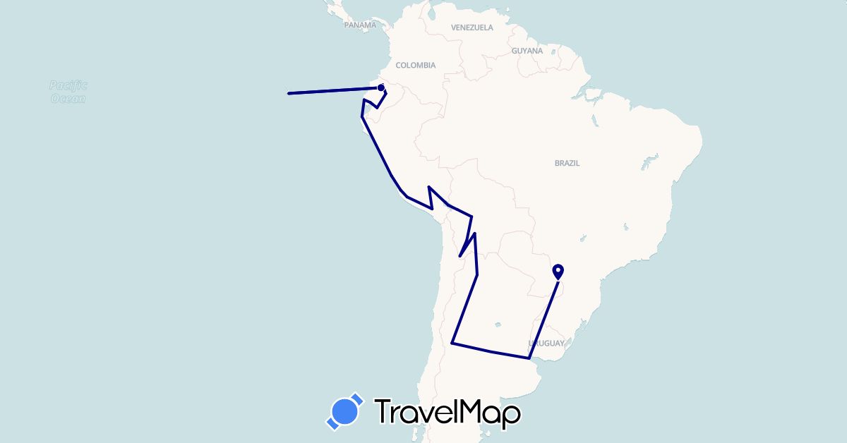 TravelMap itinerary: driving in Argentina, Bolivia, Ecuador, Peru (South America)